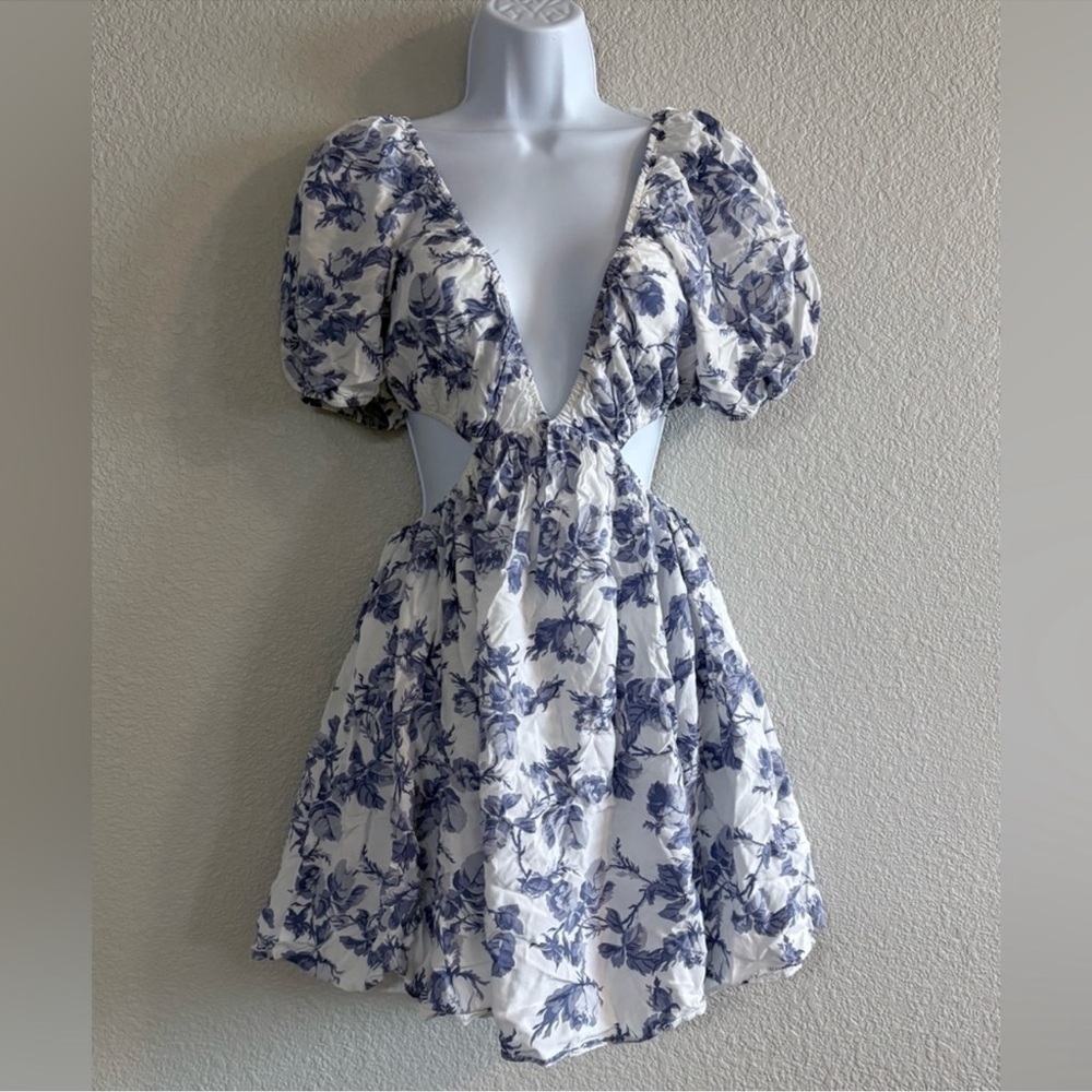 Bardot Blue and White Puff Sleeve Mini Sundress